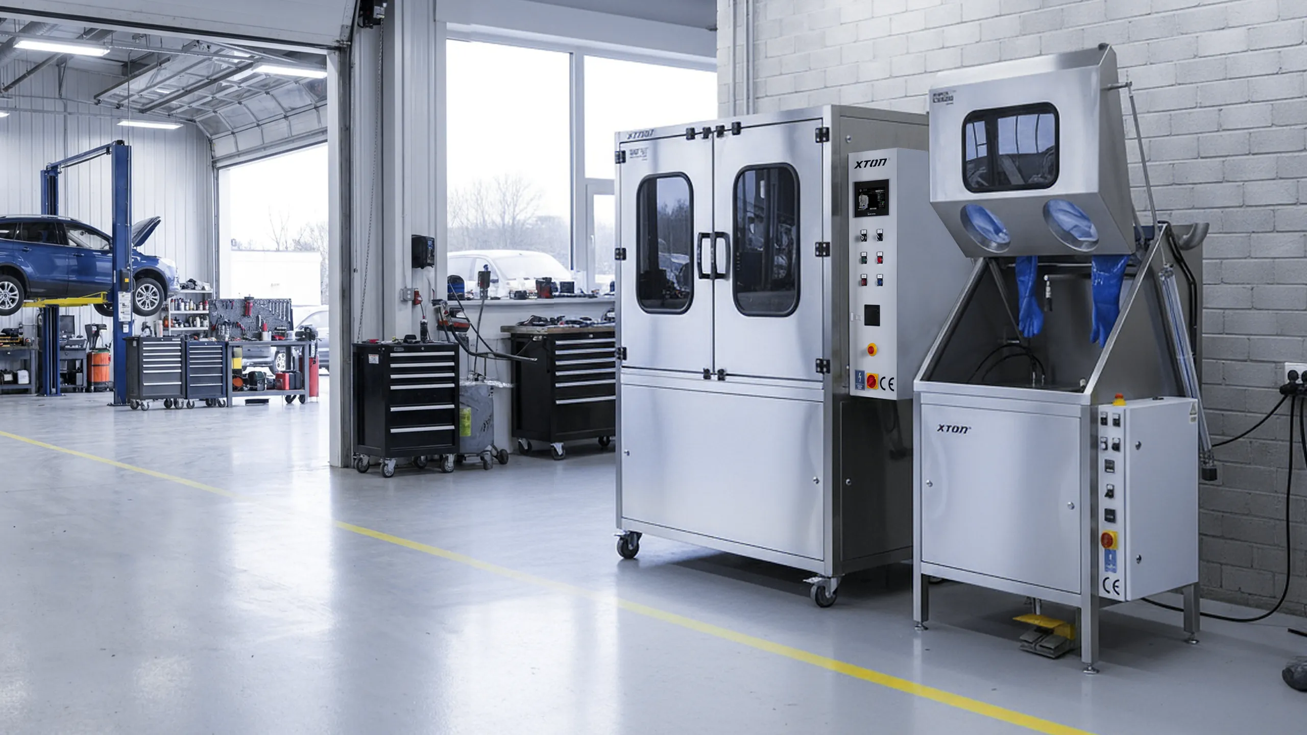 Machines XTON de lavage de pièces et de sablage dans un atelier automobile